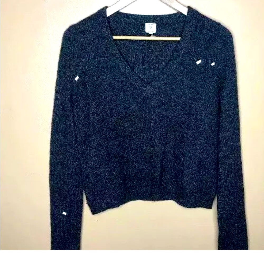 Qi Cashmere Sweater Black Ribbed Speckled V Neck Long Sleeve